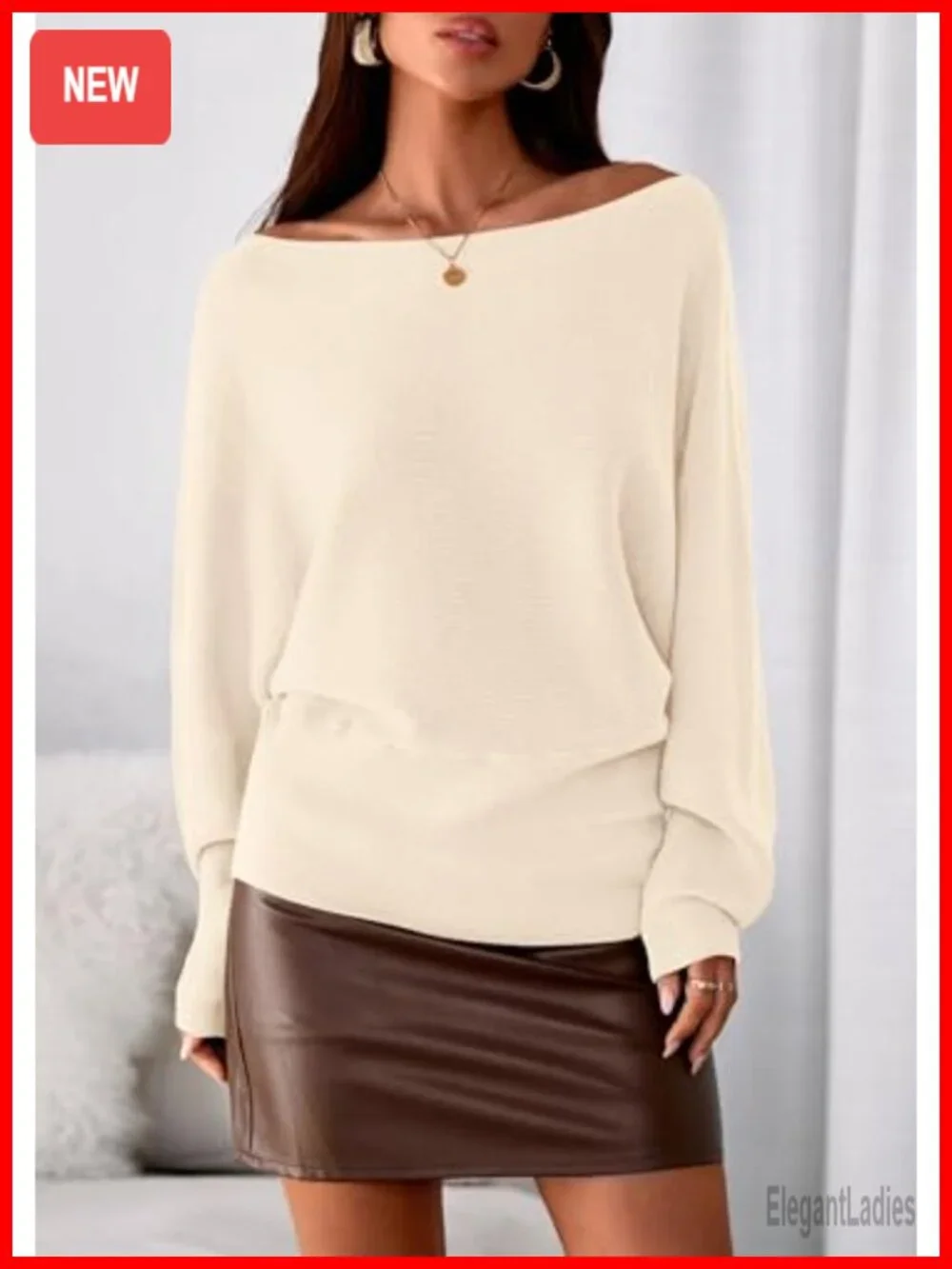 Off Shoulder Ribbed Knit Sweater Pullover Batwing Sleeve Cinched Waist Fall